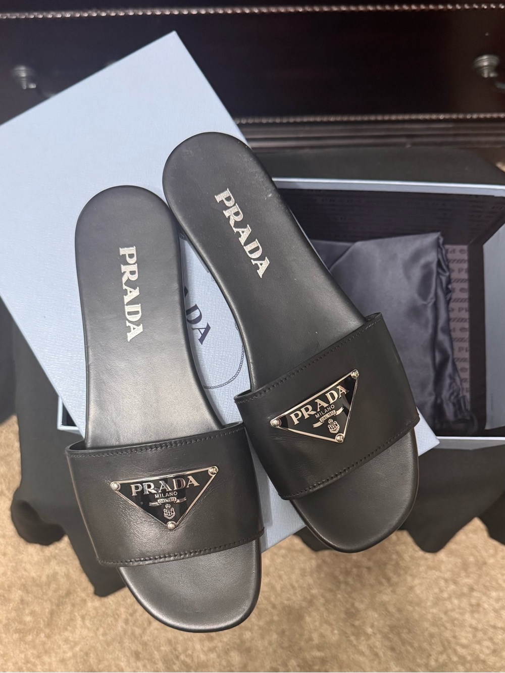 Prada Black Leather Logo Slide Sandals
